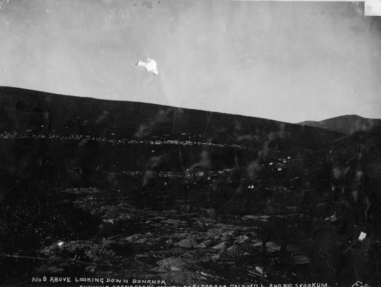 No 8 Above Looking Down Bonanza showing Grand Forks Mouth of Eldorado, Gold Hill and Big Skookum, c1900