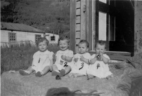 The large ones are Boxall Twins 1 Winona 2 Roberta Boxall Twins June 6th 1942 3 Sharon 4 Heather Berg Twins Nov. 22nd 1942