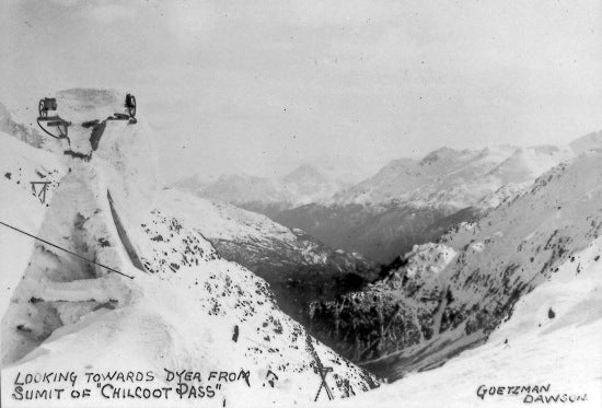 Looking towards Dyea from Summit of Chilkoot Pass, April 1898