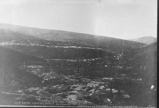 No. 8 Above Looking Down Bonanza Showing Grand Forks, Mouth of Eldorado, Gold Hill and Big Skookum, c1900.