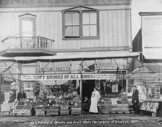 Jimmy's Palace of Sweets and Fruit Store, The Largest in Dawson, 1914