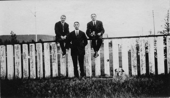 21 June 1913. Midnight. G.M. Harman, F.C.O. Edwards, J. Saunders, and Rufus (Dog)