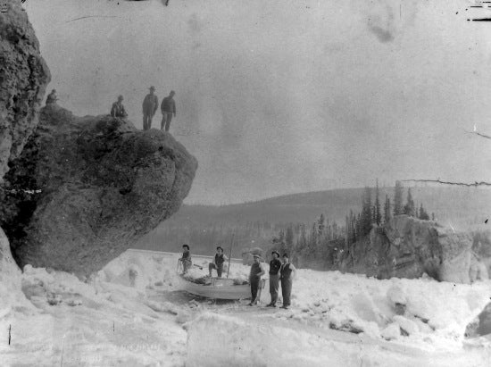 Portaging over Ice Jam at Five Fingers, c1918.