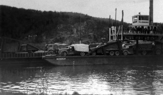 Sternwheeler Klondike Pushing Barge, c1944.