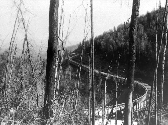 Yukon Ditch Flume at Bradley Creek, 1908.