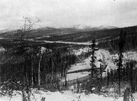 Yukon Ditch Flume and Diversion along 12-Mile River, 1908.