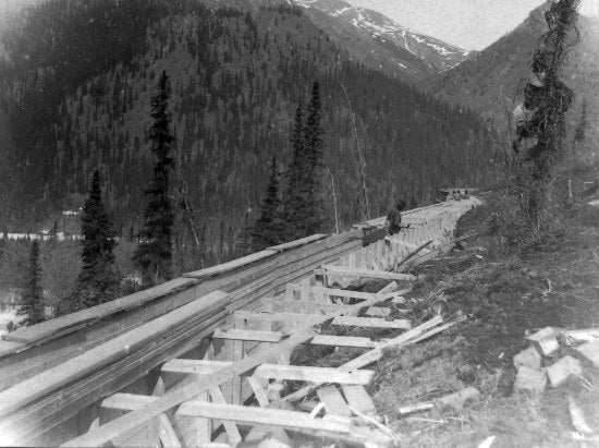 Finishing the Flume on Little-12 Mile River Section of the Yukon Ditch, 1907.