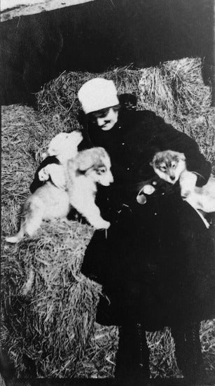 Bess MacFarlane with Malamute Puppies, c1912.