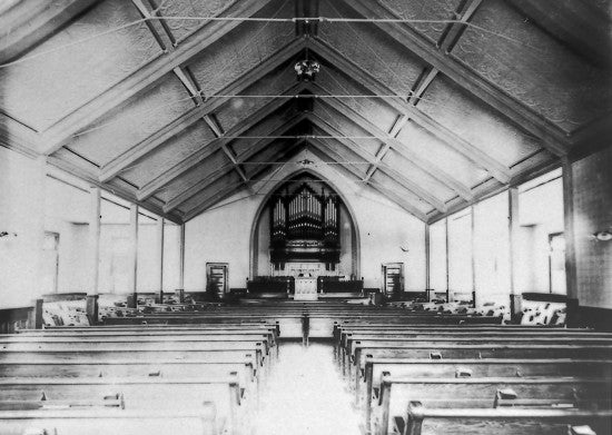 Interior St. Andrew's Presbyterian Church, Dawson City, 1905.