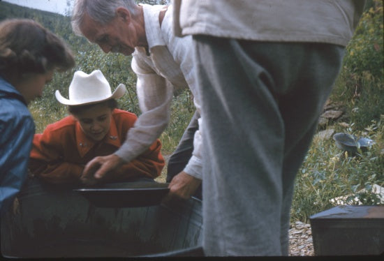 Harry Leamon Demonstrating Gold Panning, c1958.