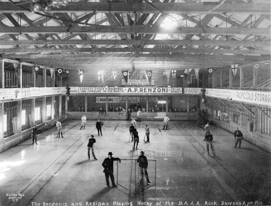 Renzonis Champion Hockey players playing the Reginas in the Dawson Amateur Athletic Association Rink, April 1904.